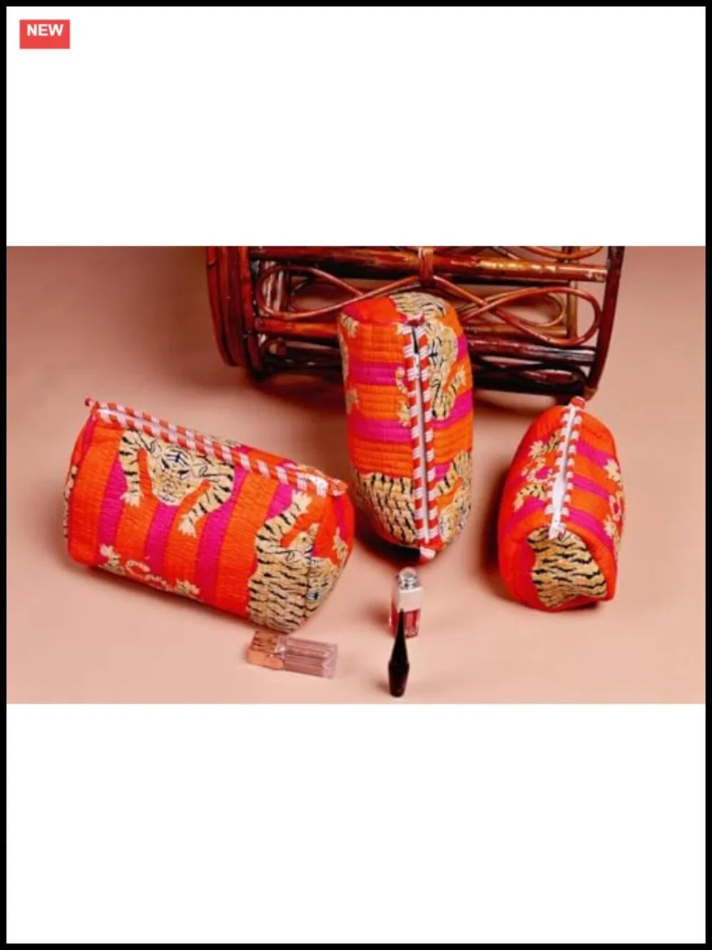 Tiger Print Cotton Cosmetic Bag Set of 3 Quilted Toiletry Travel Makeup Bags